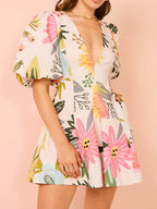 Puff Sleeve Floral Print Pocketed Mini Dress