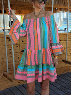 Ethnic Print Linen Blend Off Shoulder Loose Mini Dress