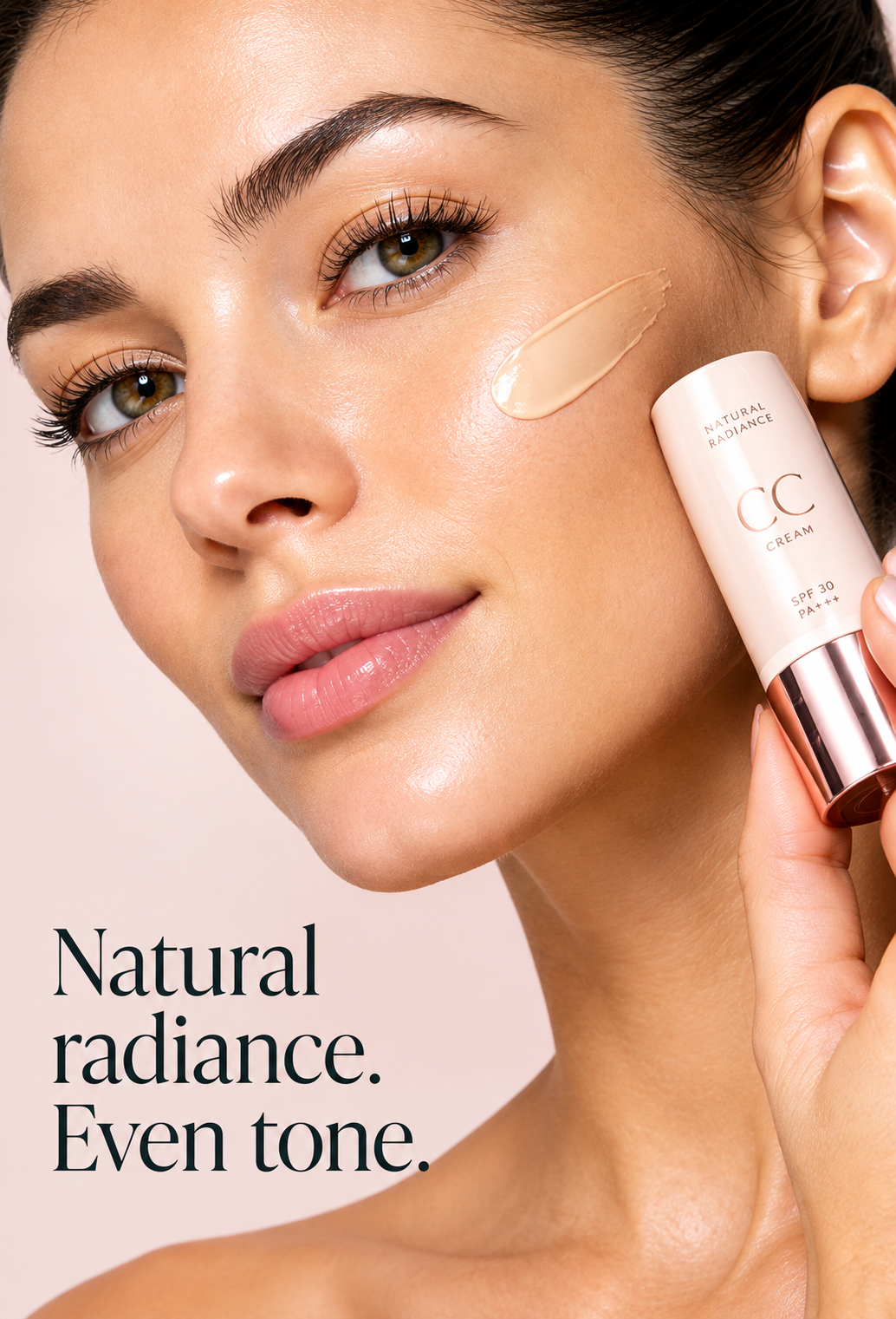 Model holding CC tinted serum with a radiant complexion